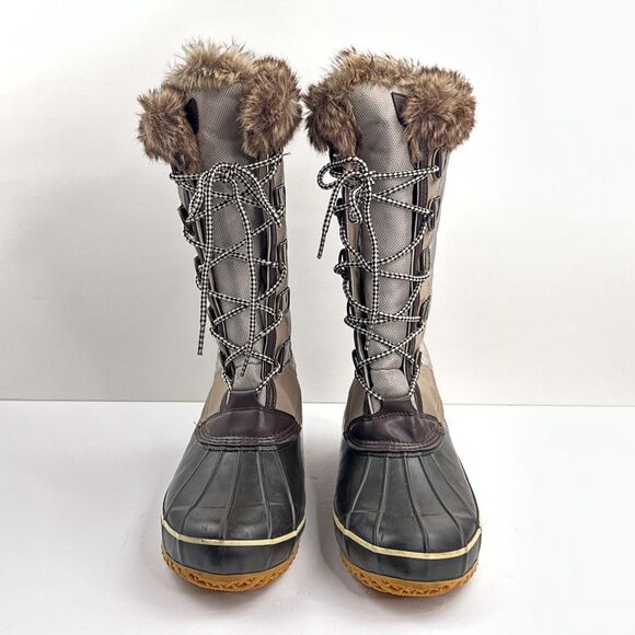 Khombu Boots Womens Size 11 Brown Gray Faux Fur Tall Lace Up Snow Duck Winter - Picture 10 of 13